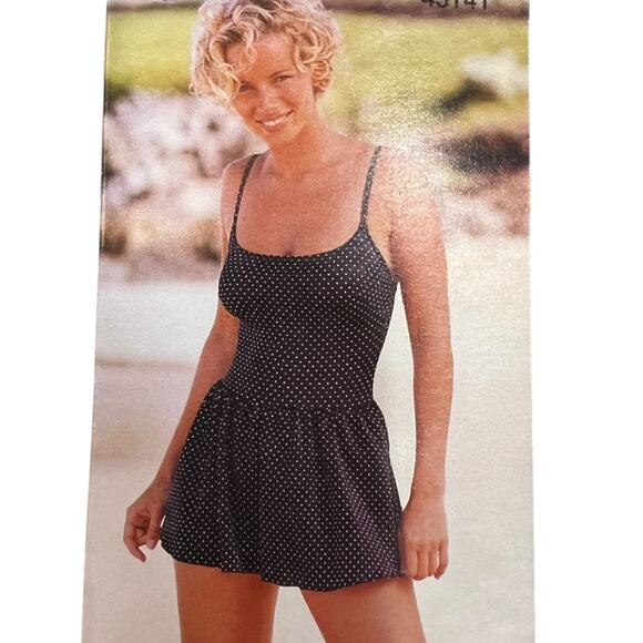 80s Honor's Women's Swimwear Dress One Piece Bathing Suit Polka Dot Blue Size 12 - Picture 1 of 9
